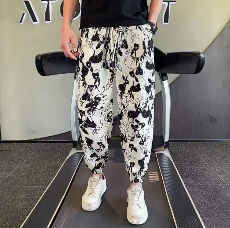 夏季冰丝薄款男士印花宽松休闲哈伦裤大码设计师原创服装平价休闲裤