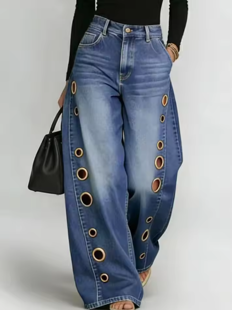 優雅時尚的褲子，獨特的組合設計，春夏女式破洞褲，2026新款女式寬領褲，休閒女式高腰褲